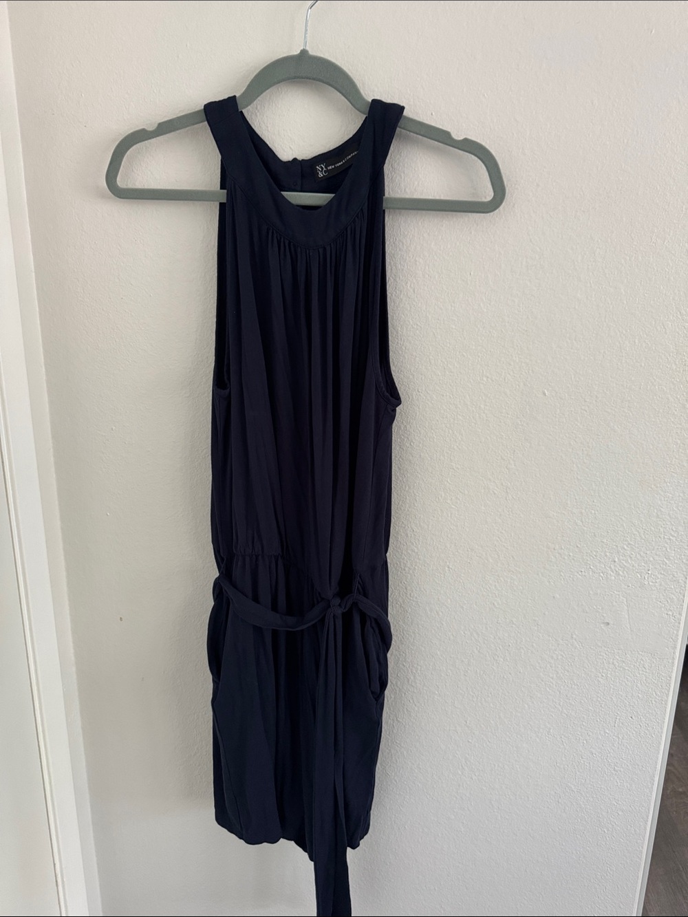New York & Company Navy Sleeveless romper shorts with Waist Tie